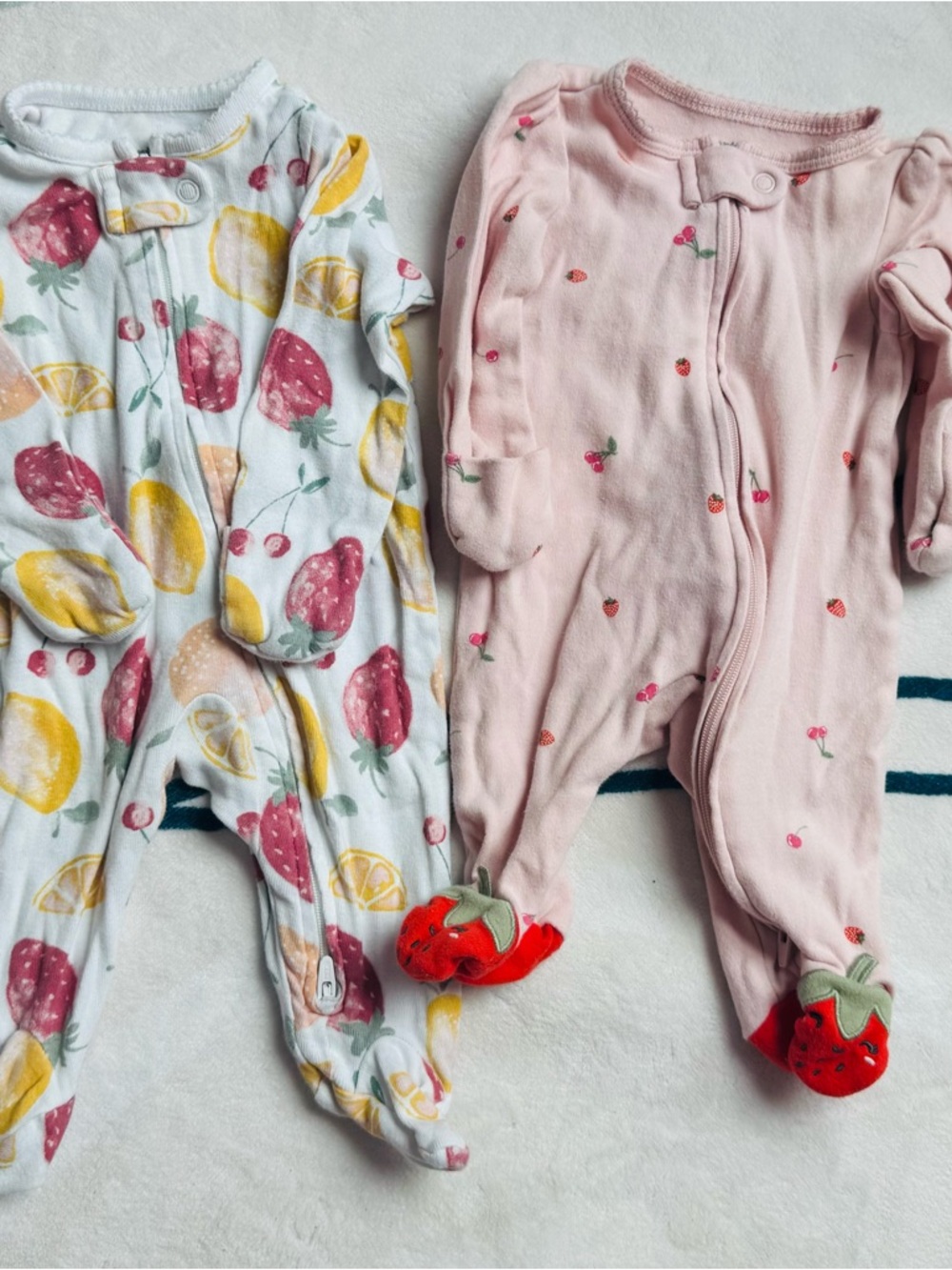 Baby Girls Strawberry & Fruit Print Footed One-Piece Sleeper - Pink & White